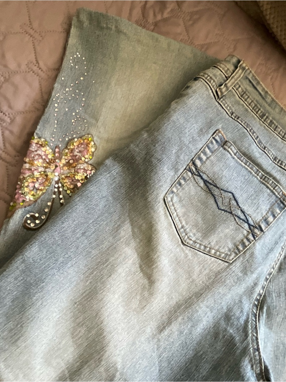 Angels Light Blue Boot Cut Jeans with Pink & Yellow Embroidered Butterfly - Picture 10 of 10